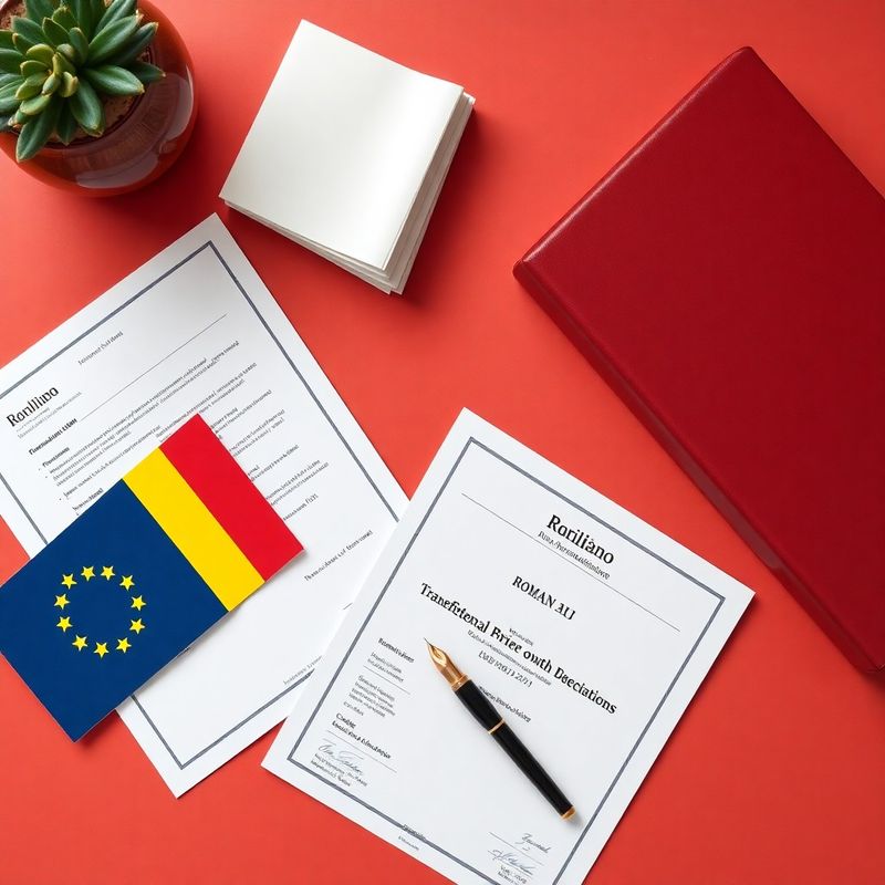 Documente fiscale internaționale, drapel UE și certificat CUI românesc pe un birou cu accente coral